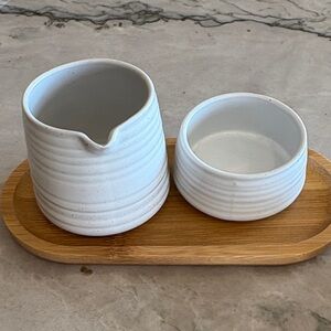 Nespresso White Ceramic Creamer and Sugar Set with Bamboo Tray